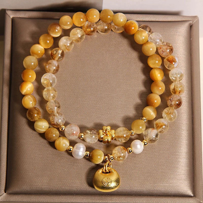 Natural Yellow Rutilated Quartz Double Wrap Bracelet 36 cm, Golden Tiger Eye Beaded Bracelet with Golden Fu Lock Charm, Wealth Luck Healing Crystal Bracelet for Women, Lucky Chinese Style Jewelry Gift