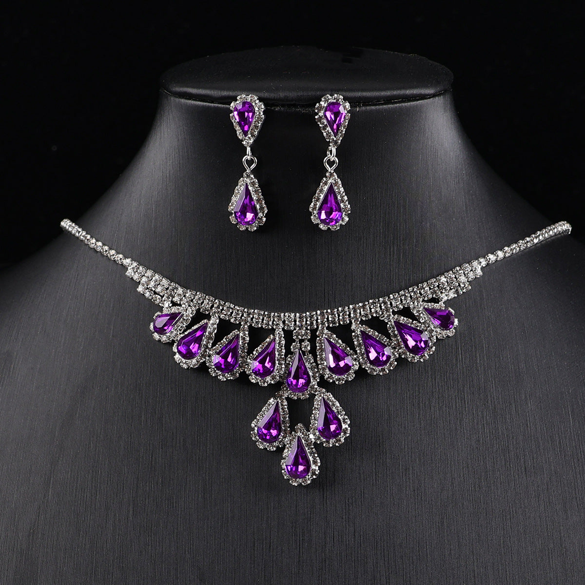 Vintage Teardrop Rhinestone Necklace & Earring Jewelry Set