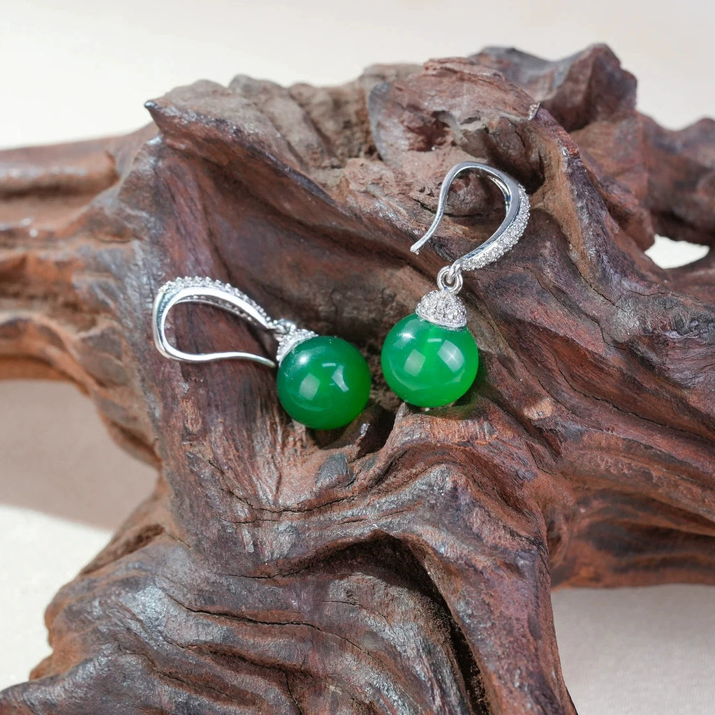 Vintage Natural Green Agate Chalcedony Ball Drop Earrings Paved Clear CZ Hook Dangle Earrings Silver Plated Chinese Style Elegant Daily Wedding Jewelry For Women
