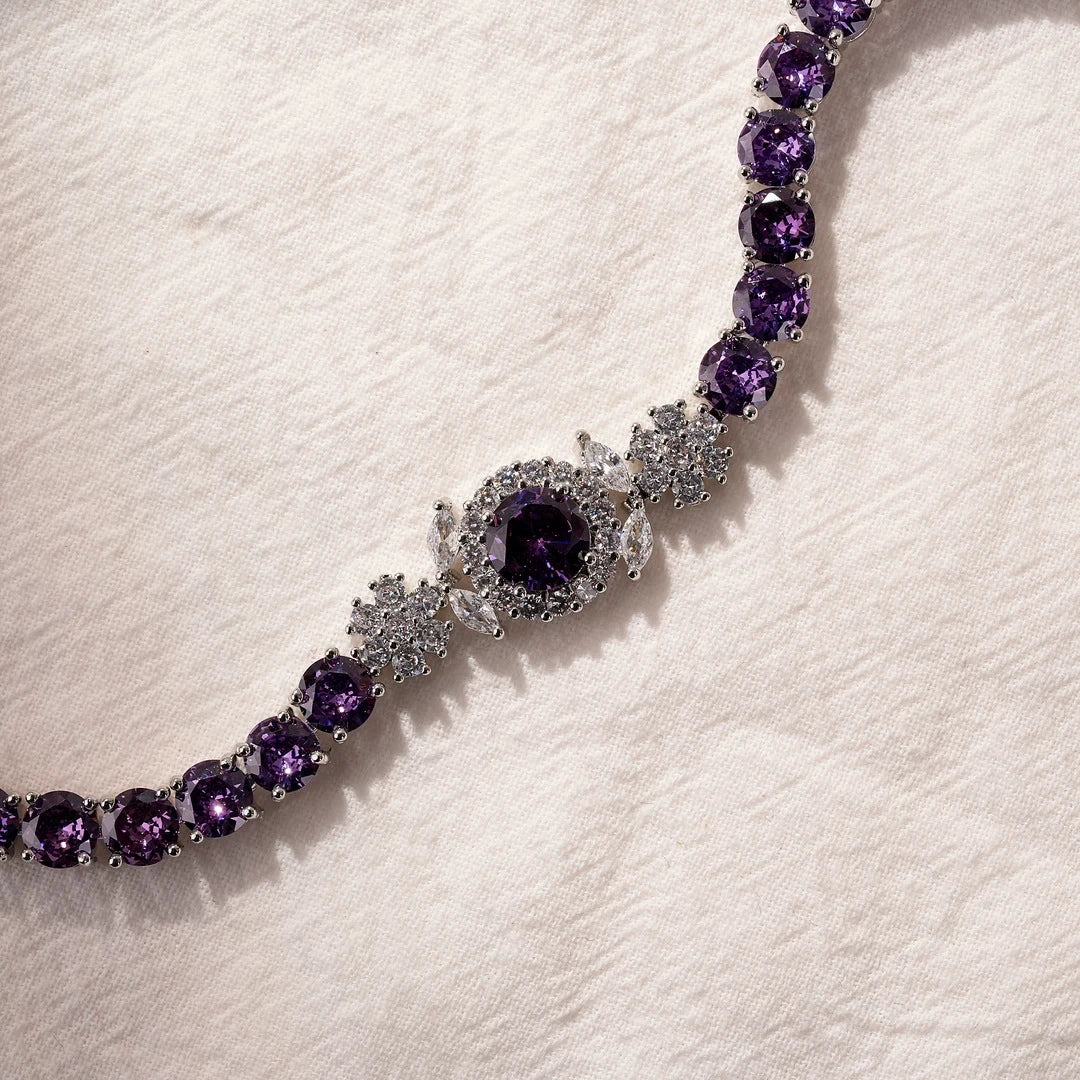Luxury Round Amethyst Purple Cubic Zirconia Tennis Bracelet Floral Halo Central Gem Silver Plated Link Chain Extension Clasp Wedding Banquet Statement Bracelet For Women