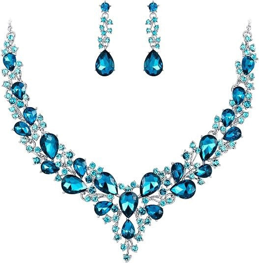 Crystal Statement Necklace & Earrings Set, 50+5cm Adjustable Chain