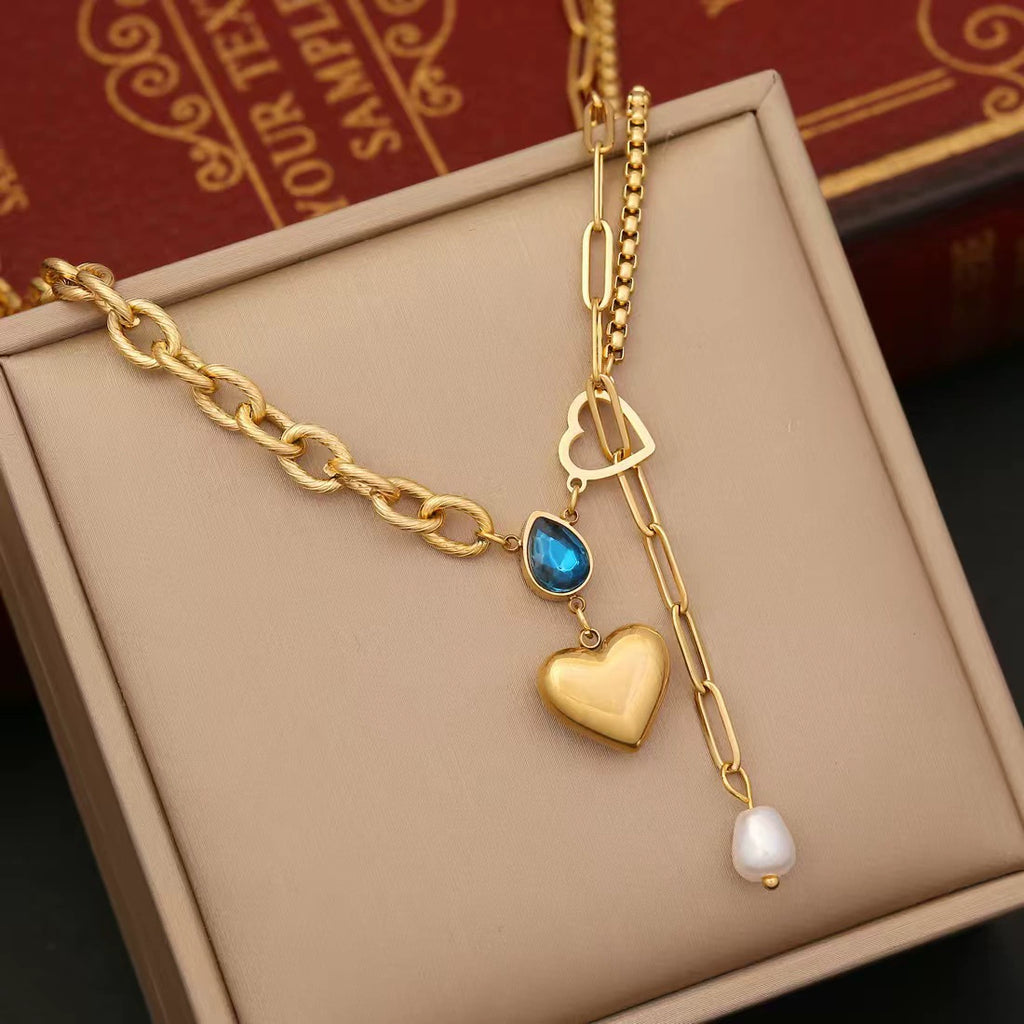 Asymmetric Heart Blue Zircon Pearl Necklace, Titanium Steel Y-drop Hypoallergenic Choker
