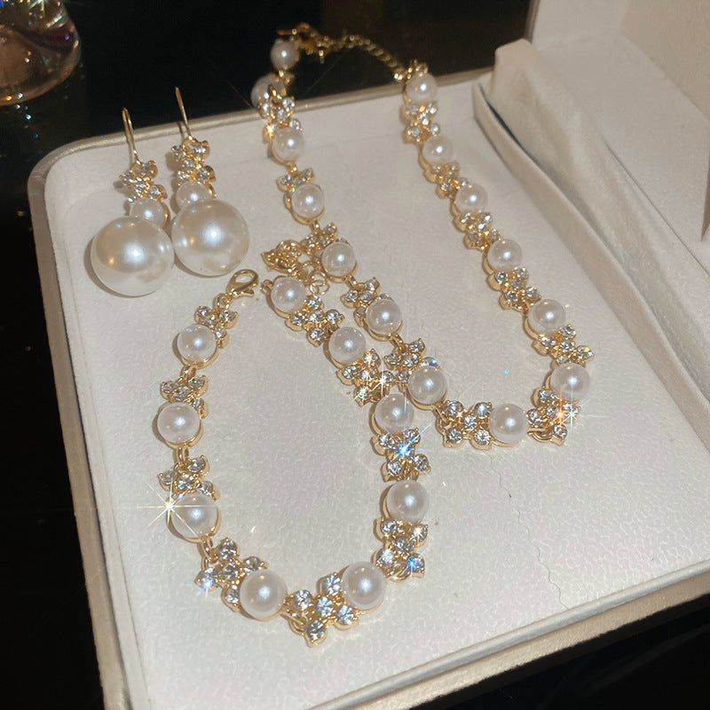 Gold Plated Alloy Pearl Rhinestone Jewelry Set, French Floral Crystal Round Pearl Necklace Bracelet Drop Earrings Matching Set For Women Wedding Party