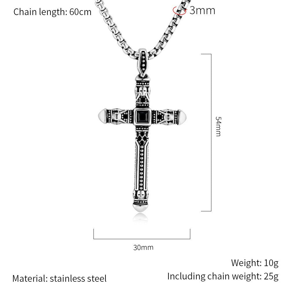 Mens Vintage Skull Cross Pendant Stainless Steel Necklace 60cm Box Chain Black Onyx Punk Biker Jewelry Silver Gold