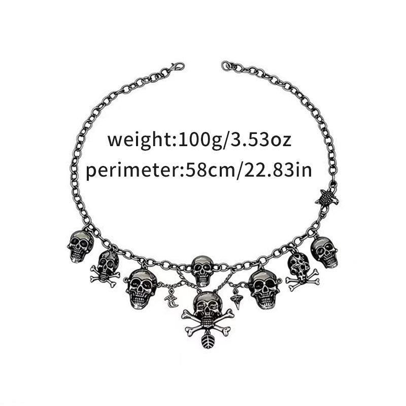 Vintage Gothic Skull Crossbones Jewelry Set, Pirate Skeleton Charm Statement Necklace & Dangle Earrings Halloween Punk Costume Jewelry For Women