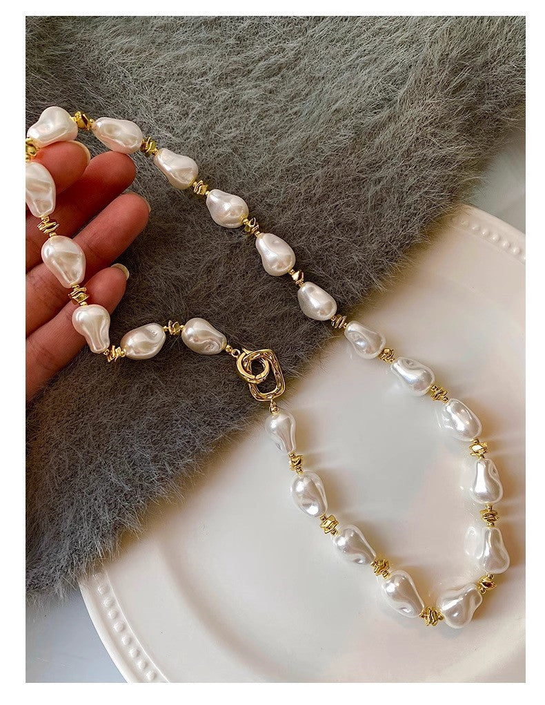 Vintage French Irregular Baroque Faux Pearl Jewelry Set, Chunky Baroque Pearl Choker Necklace & Stackable Bracelet, Gold Plated Toggle Clasp Elegant Bridal Daily Layering Jewelry Gift For Women