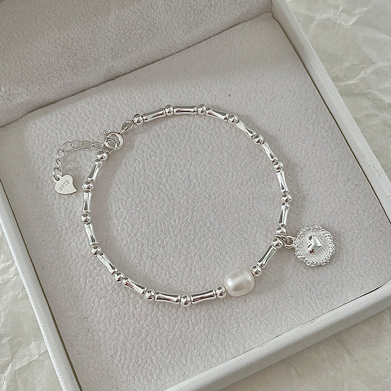S925 Sterling Silver Bamboo Joint Bracelet, Natural Freshwater Pearl Dainty Wrist Chain with Embossed Heart Round Tag Adjustable Extension Chain for Women Minimalist Lucky Jewelry Gift