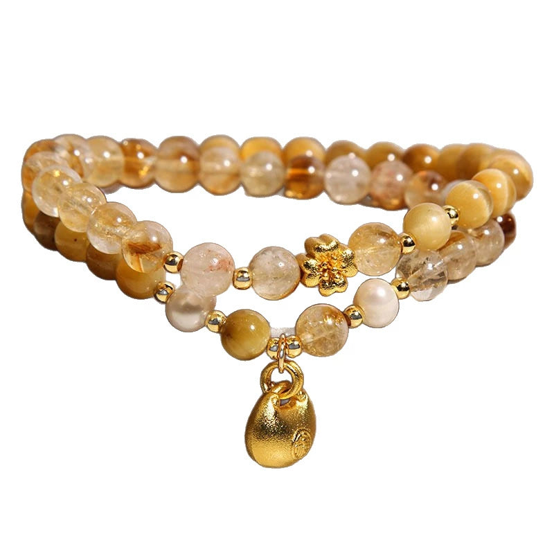 Natural Yellow Rutilated Quartz Double Wrap Bracelet 36 cm, Golden Tiger Eye Beaded Bracelet with Golden Fu Lock Charm, Wealth Luck Healing Crystal Bracelet for Women, Lucky Chinese Style Jewelry Gift