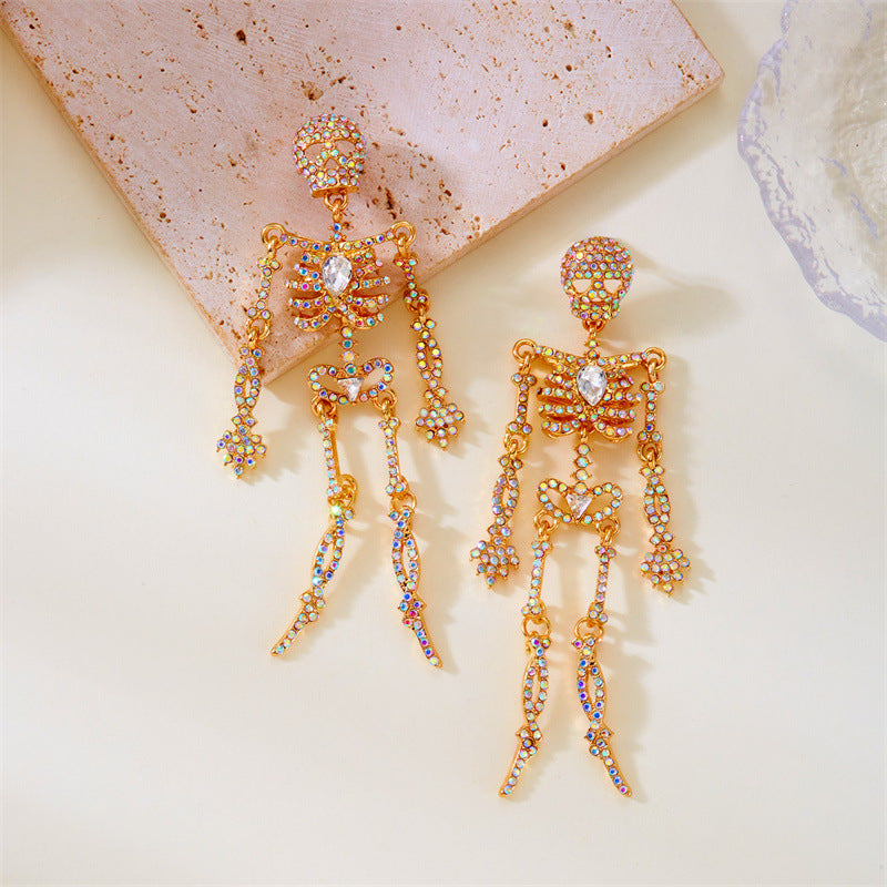 Rhinestone Skeleton Dangle Earrings, Vintage Articulated Skull Drop Earrings Gothic Halloween Party Statement Earrings For Women