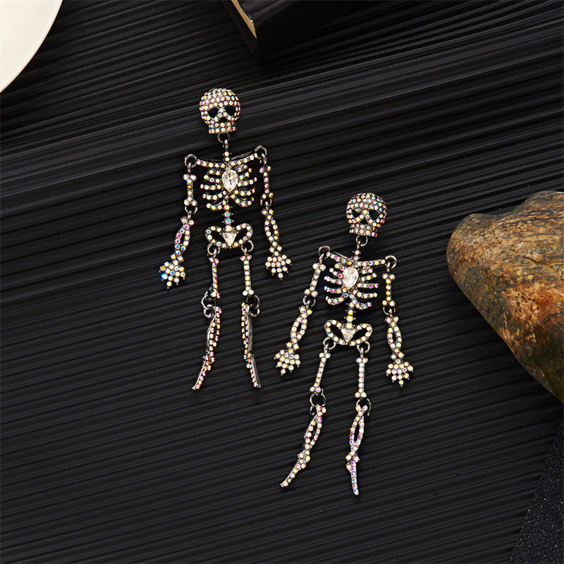 Rhinestone Skeleton Dangle Earrings, Vintage Articulated Skull Drop Earrings Gothic Halloween Party Statement Earrings For Women