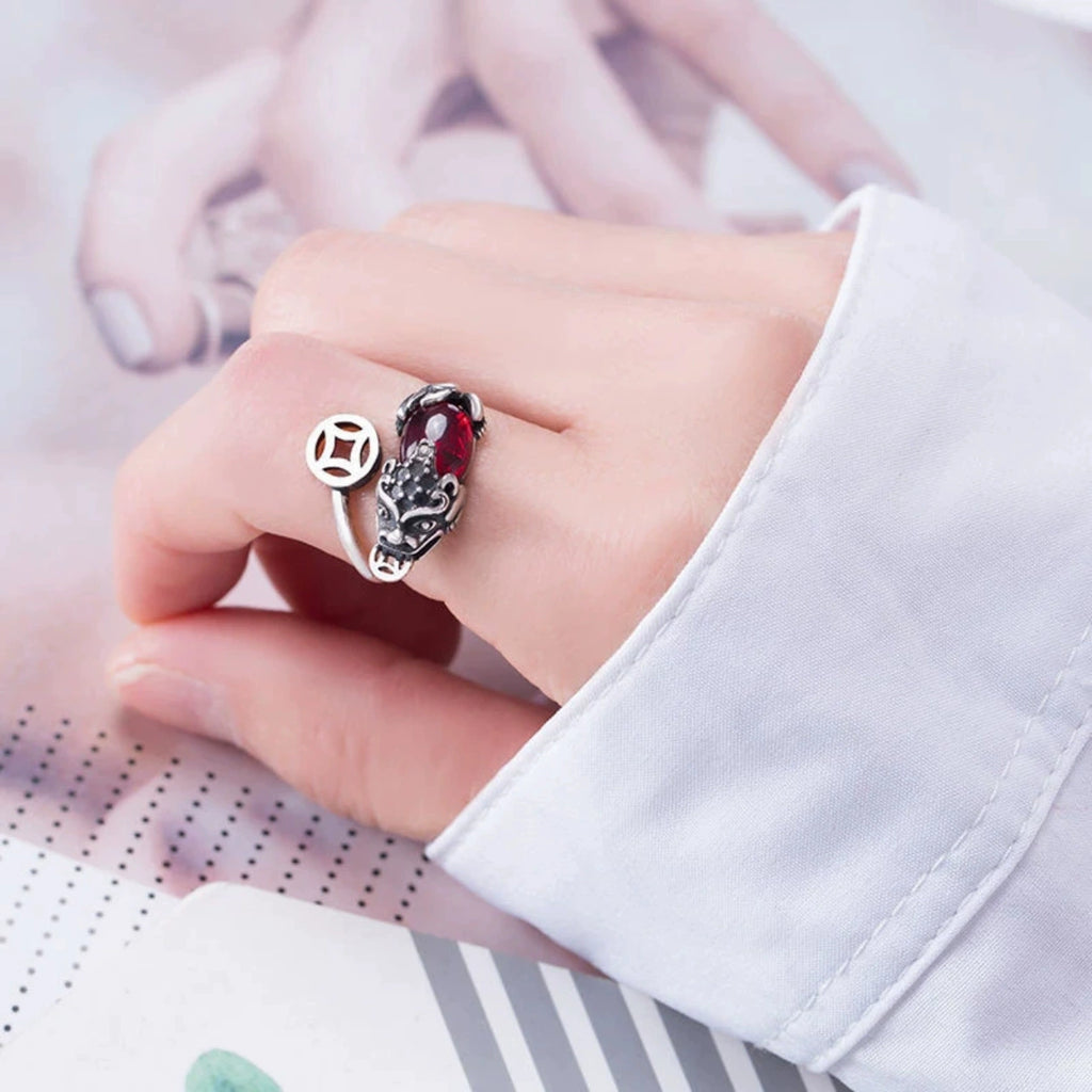 Vintage Pixiu Garnet Open Adjustable Ring, Chinese Lucky Coin Wealth Feng Shui Silver Tone Ring for Women Men