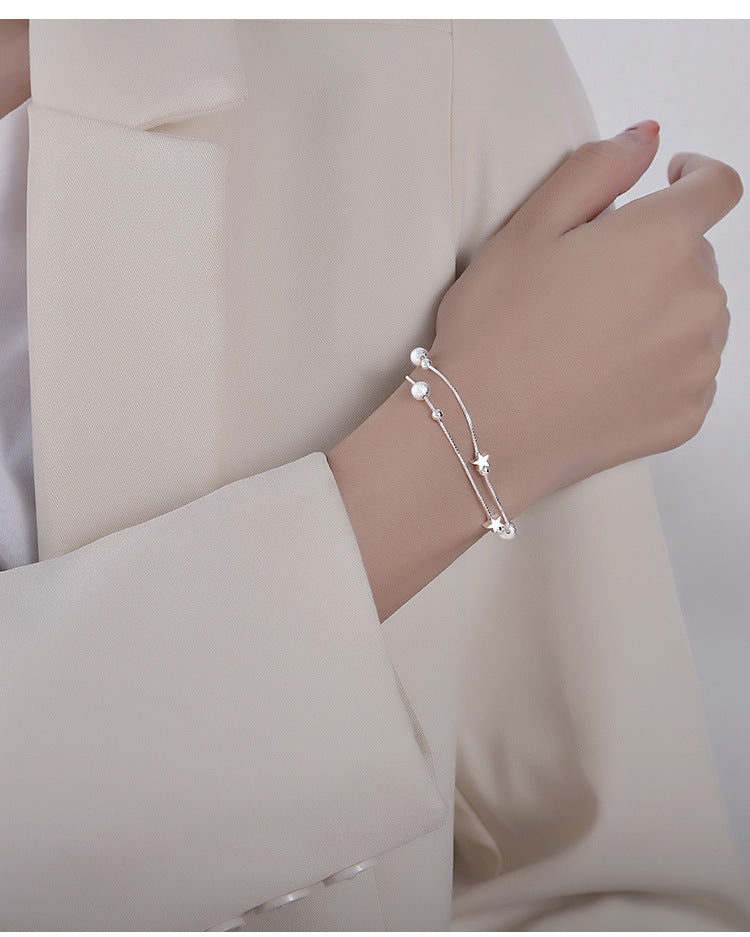 S925 Sterling Silver Double Layer Star Bracelet, Dainty Two-Strand Snake Chain Wrist Bracelet with Matte Frosted Beads & Tiny Star Charms Adjustable Extension Chain for Women Minimalist Daily Jewelry Gift