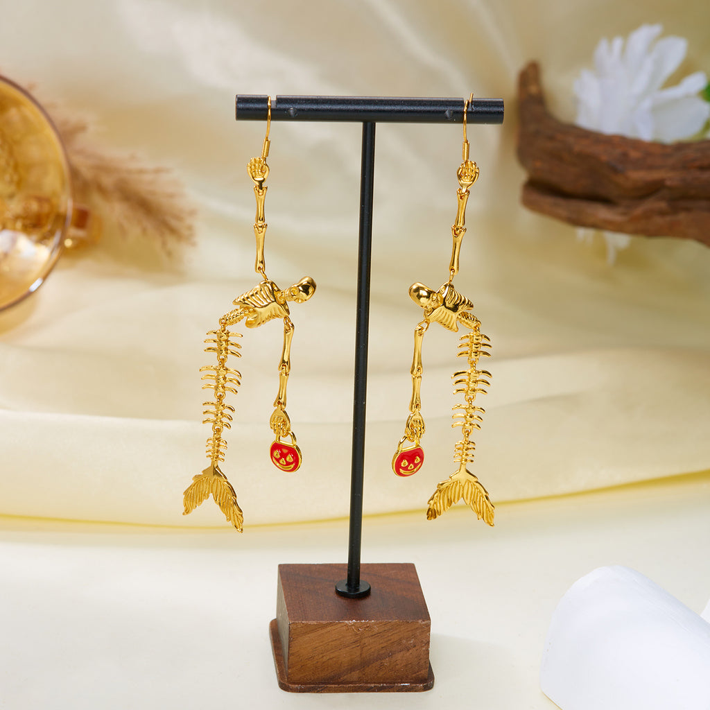 Halloween Golden Skeleton Mermaid Jewelry Set, Skull Mermaid Skeleton Necklace & Dangle Earrings, Pumpkin Smile Face Gothic Mermaid Bone Jewelry, Spooky Halloween Costume Accessory for Women