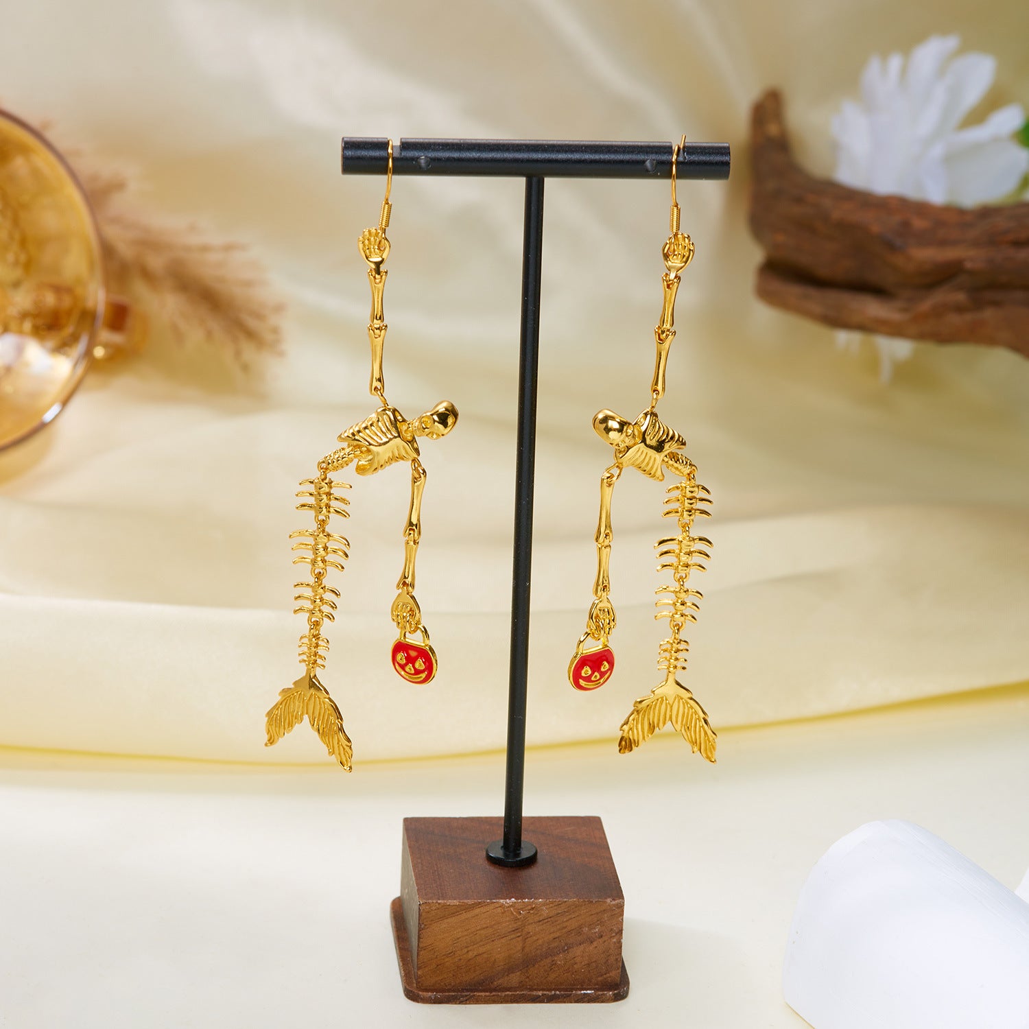 Halloween Golden Skeleton Mermaid Jewelry Set, Skull Mermaid Skeleton Necklace & Dangle Earrings, Pumpkin Smile Face Gothic Mermaid Bone Jewelry, Spooky Halloween Costume Accessory for Women