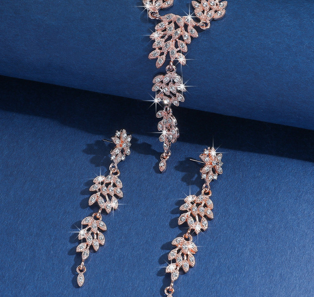 Parure de bijoux en zircon cubique en forme de feuille | Collier et boucles d'oreilles pendantes, hypoallergénique 3 couleurs
