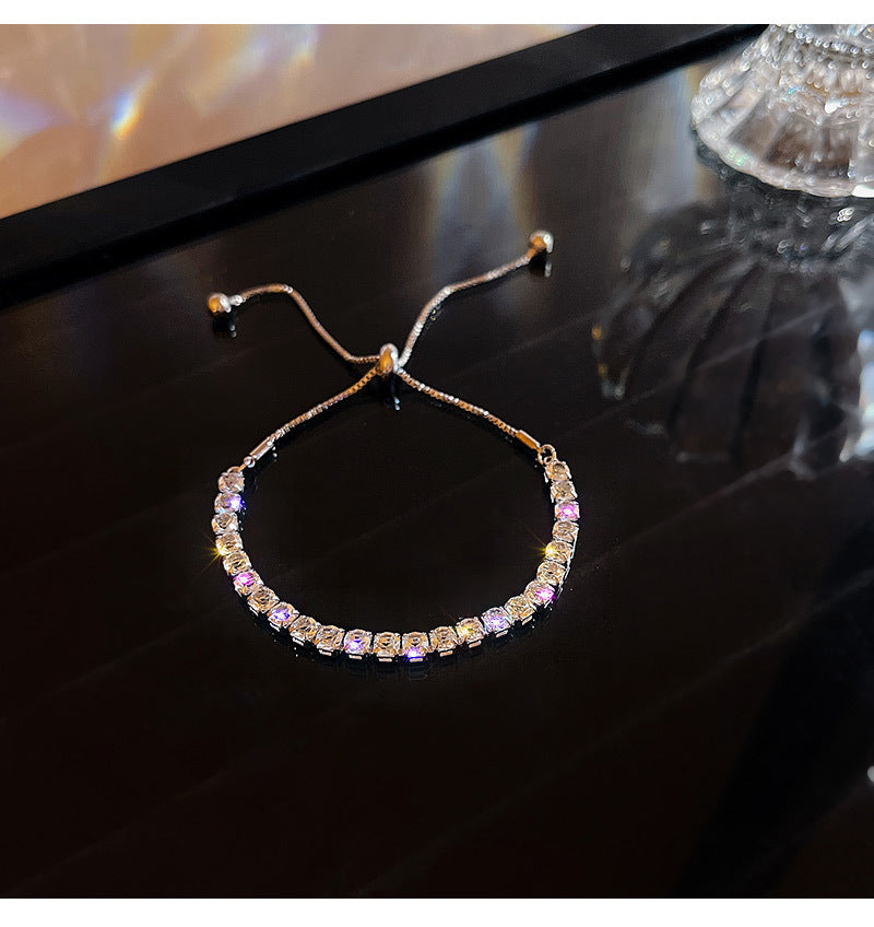 Full Paved Shiny Cubic Zirconia Tennis Bracelet, Adjustable Slide Pull Chain Sparkling Crystal Wrist Bracelet Gold Silver Plated for Women Wedding Party Daily Elegant Jewelry