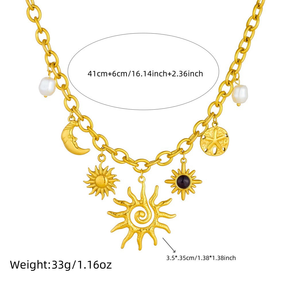 18K Gold Plated Stainless Steel Sun Moon Starfish Pearl Charm Choker Necklace, 41+6cm Adjustable Chunky Chain Necklace