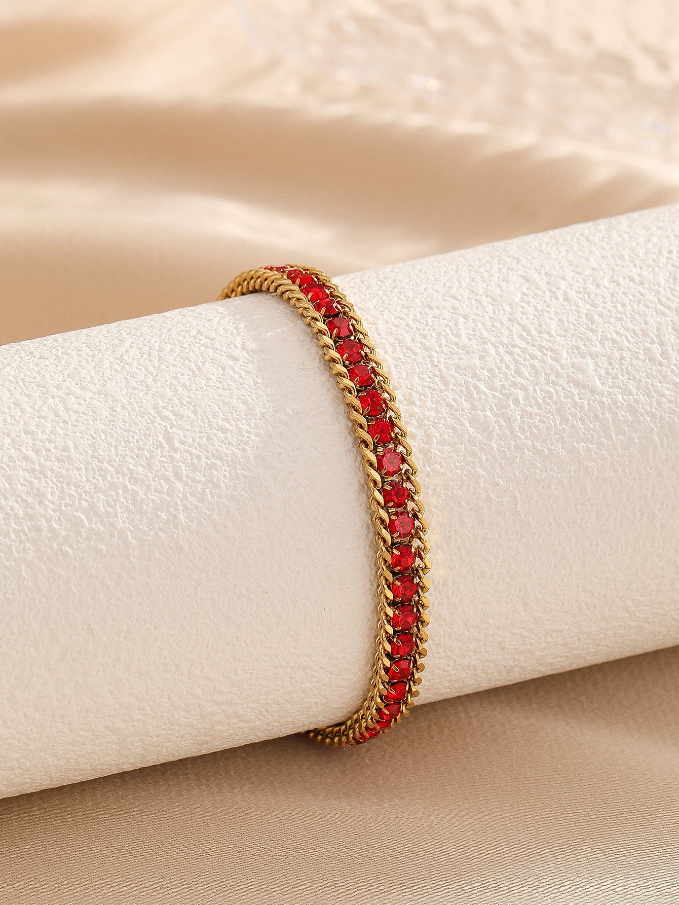 Gold Plated Cuban Link Color Zircon Bracelet, Stainless Steel Hypoallergenic Adjustable Trendy Bangle