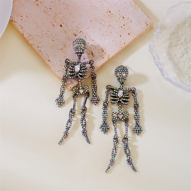 Rhinestone Skeleton Dangle Earrings, Vintage Articulated Skull Drop Earrings Gothic Halloween Party Statement Earrings For Women