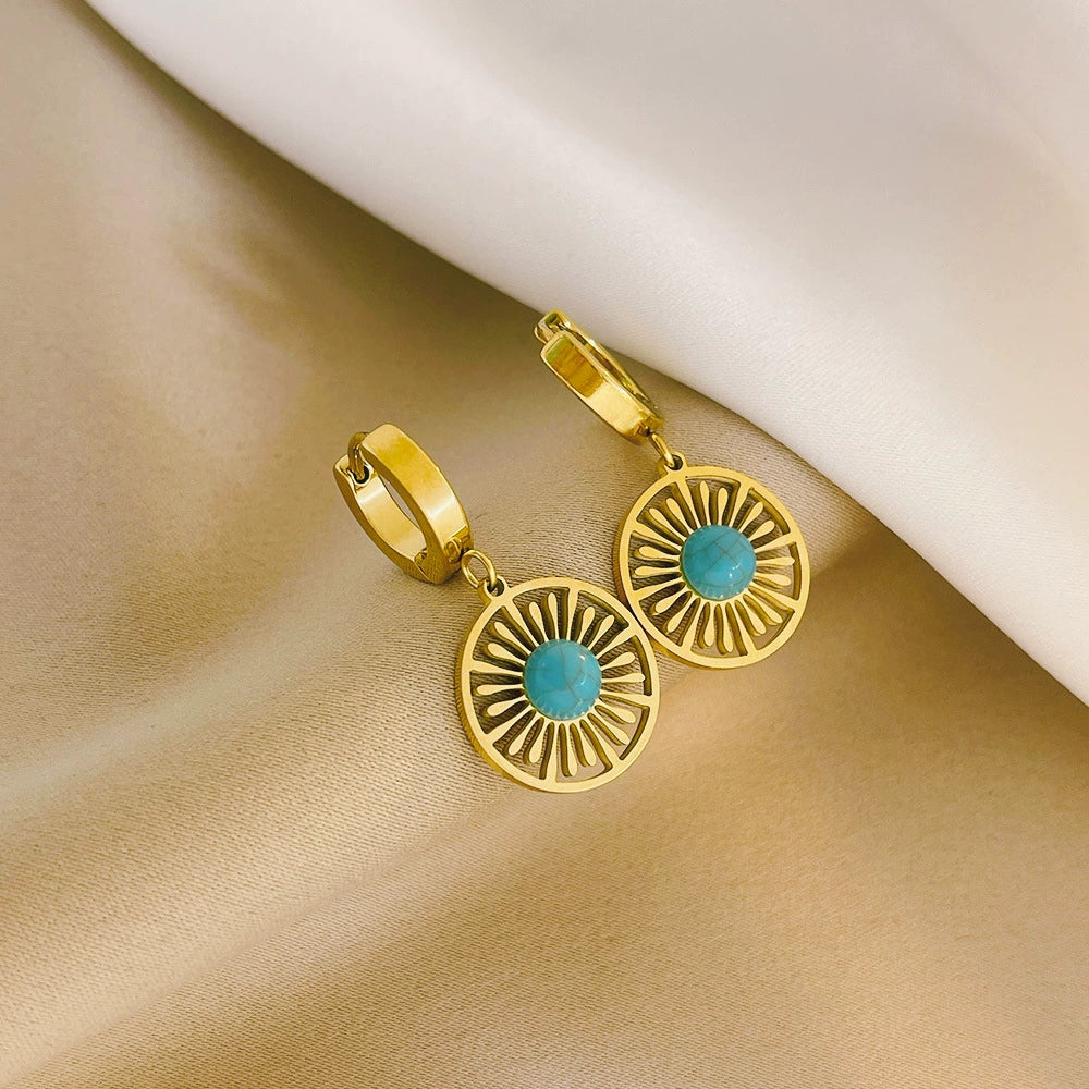 Vintage Sun Cutout Turquoise Hoop Earrings, Hypoallergenic Titanium Steel Boho Dangle Earring
