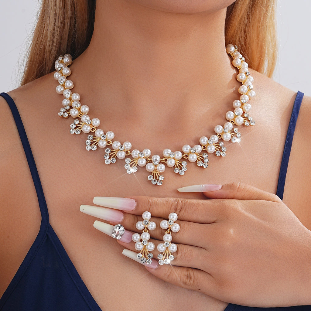 Conjunto de joyas de novia de perlas y circonitas cúbicas | Collar y pendientes colgantes, hipoalergénico oro/plata