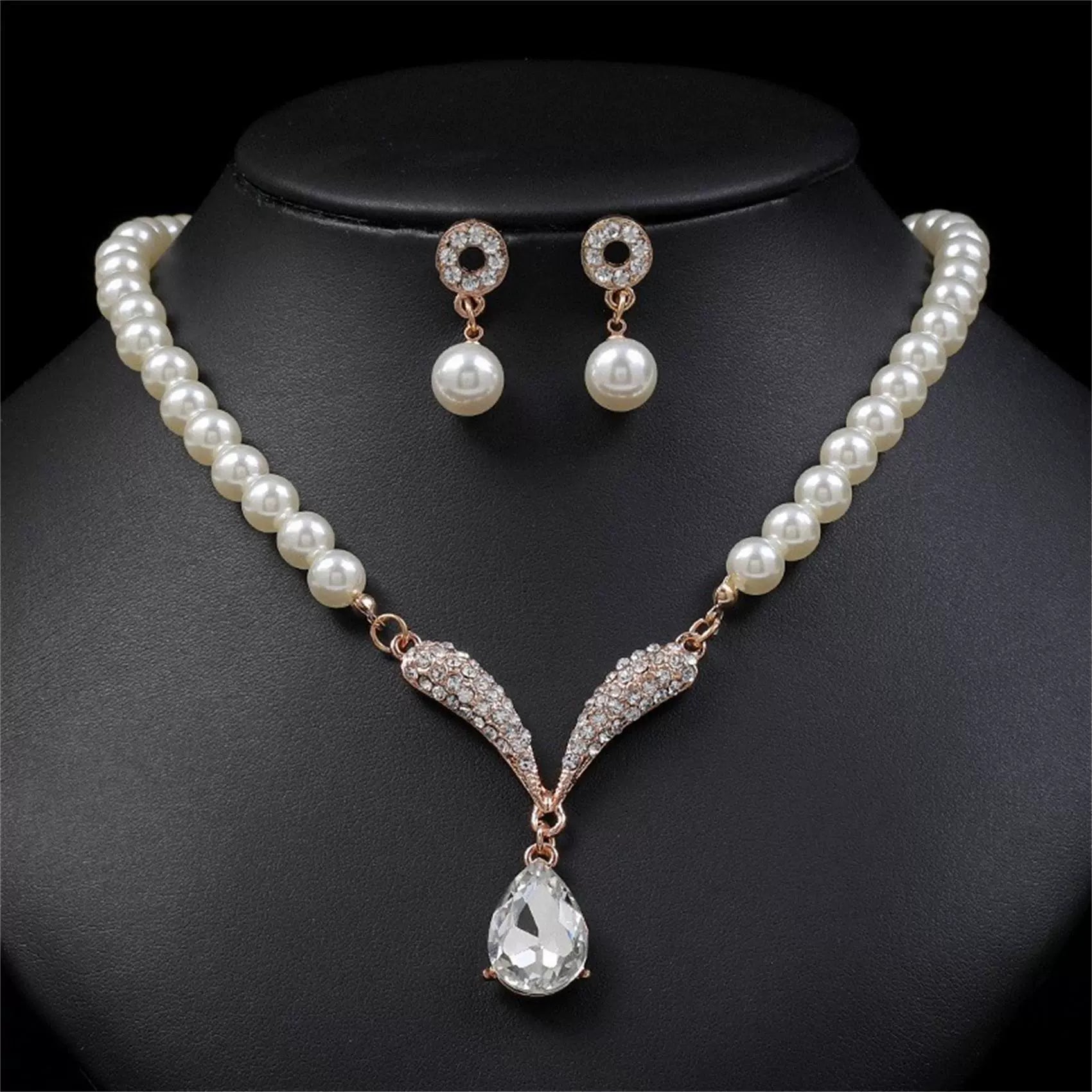 Pearl & Teardrop Crystal Jewelry Set: Necklace & Earrings
