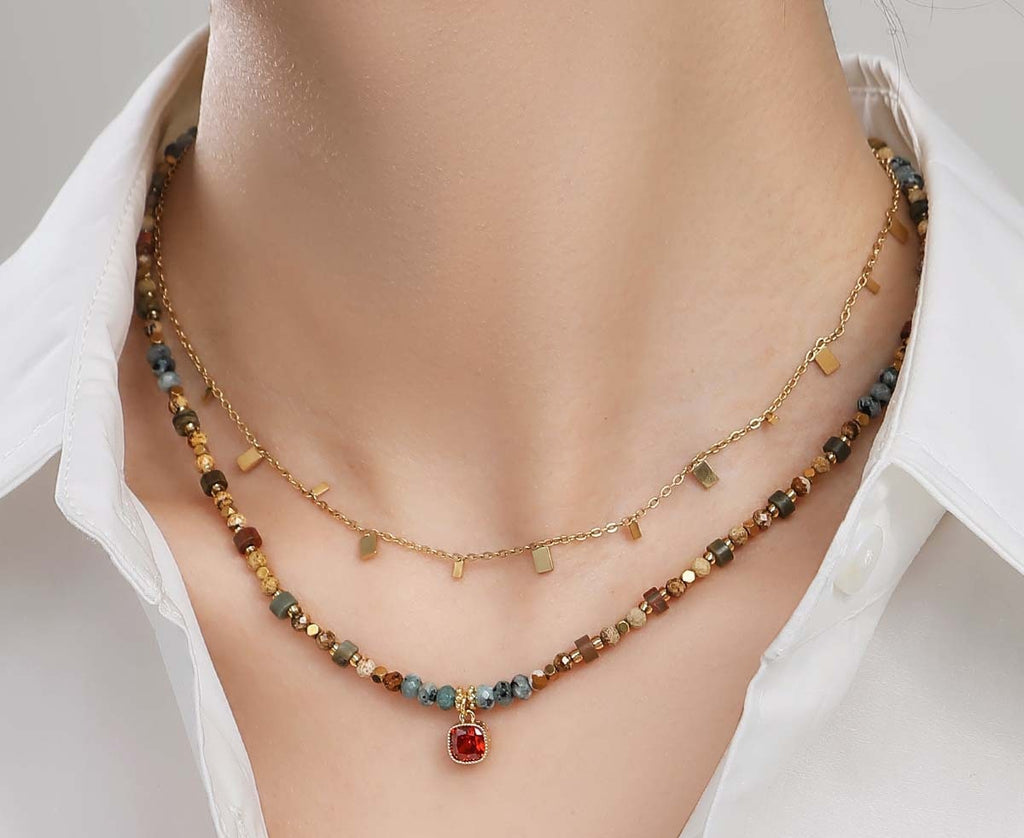 Boho Ethnic Two-Piece Layering Necklace Set, Dopamine Mixed Natural Stone Tiger Eye Beaded Choker with Red Square Cubic Zirconia Pendant & Dainty Tiny Gold Rectangle Tag Stack Chain for Women
