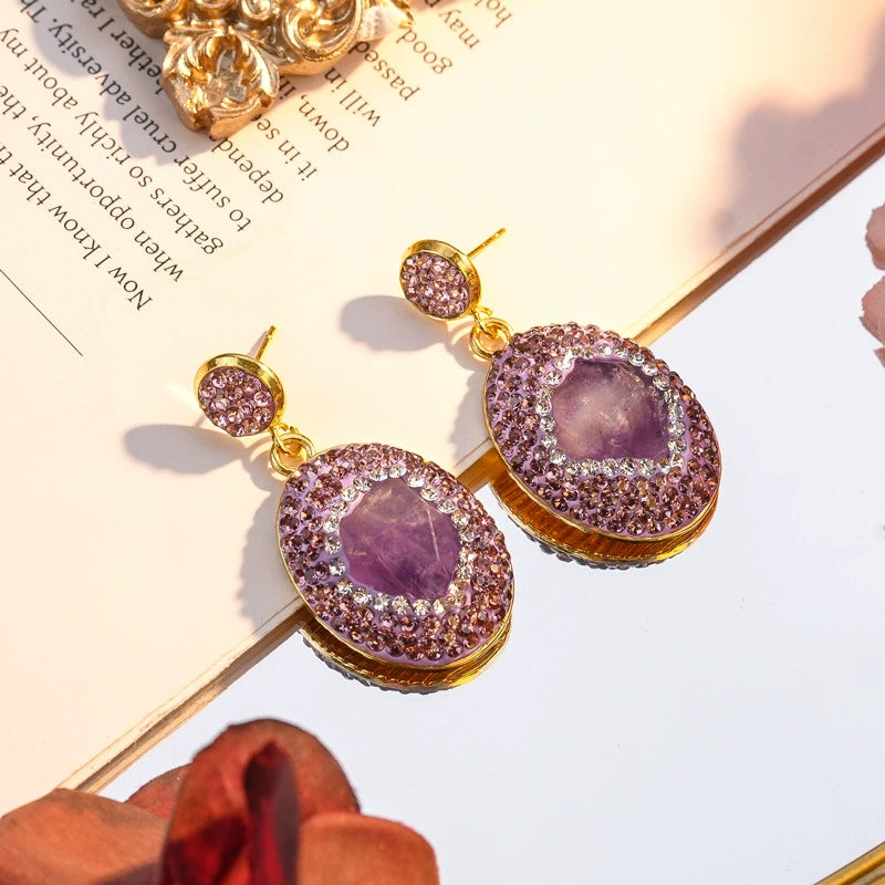 Natural Rough Brazilian Amethyst 3Pcs Jewelry Set Clay Inlaid Rhinestone Drop Earrings Adjustable Open Ring Pendant Necklace Gold Plated Women Boho Gift