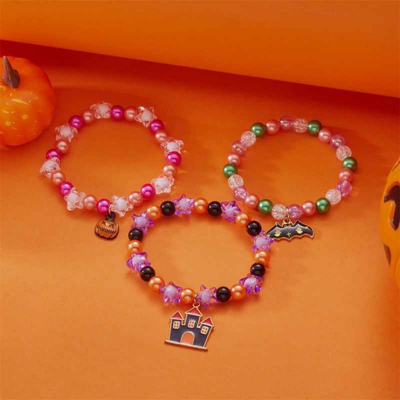 Halloween Cute Ghost Pumpkin Charm Beaded Bracelet Set, 3Pcs Stackable Enamel Charm Stretch Bracelets Witch Bat Mummy Jewelry For Women Kids Party