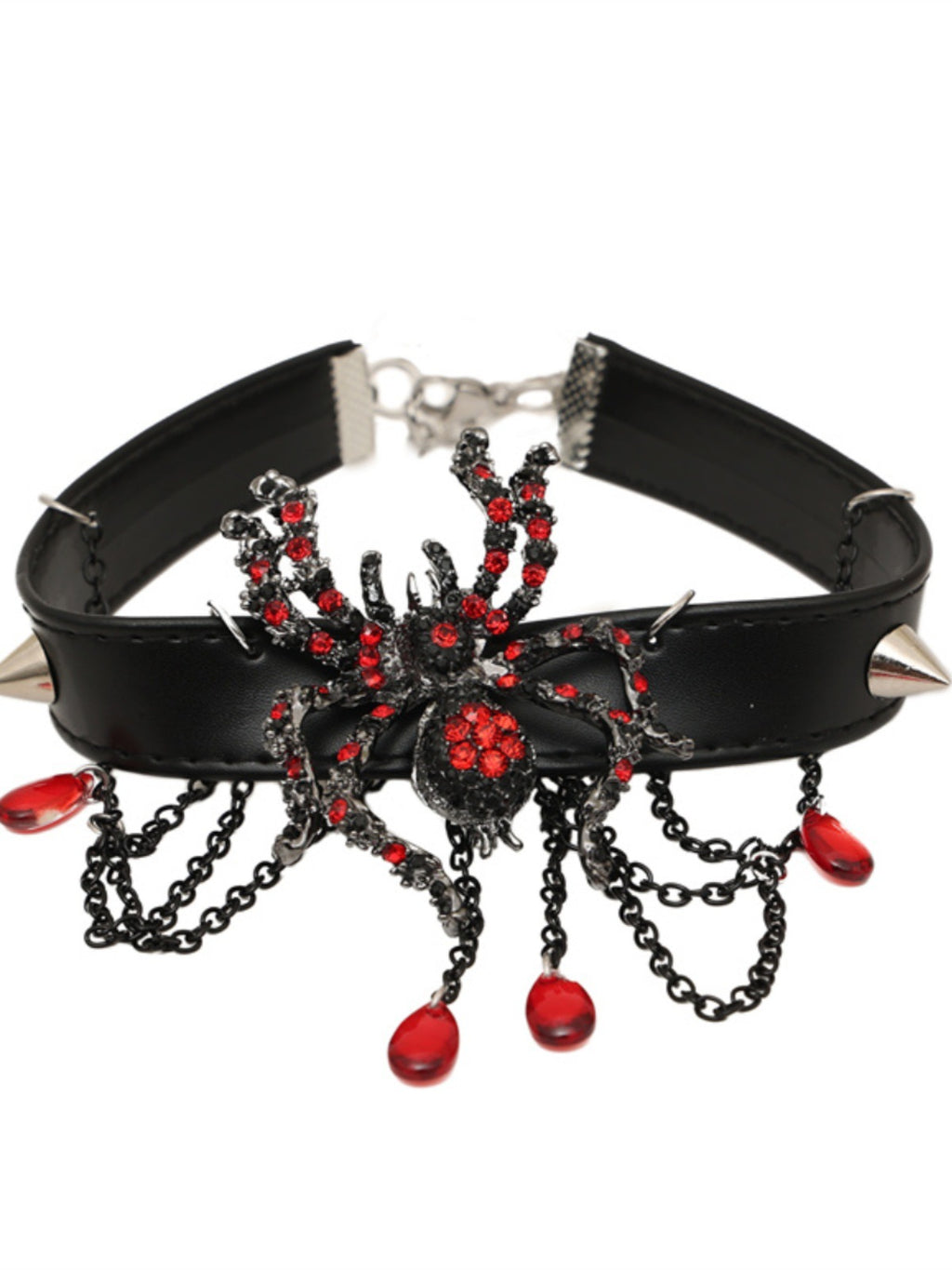 Gothic Red Rhinestone Spider PU Leather Choker, Vintage Spike Tassel Blood Drop Crystal Spider Choker Necklace Halloween Punk Jewelry For Women