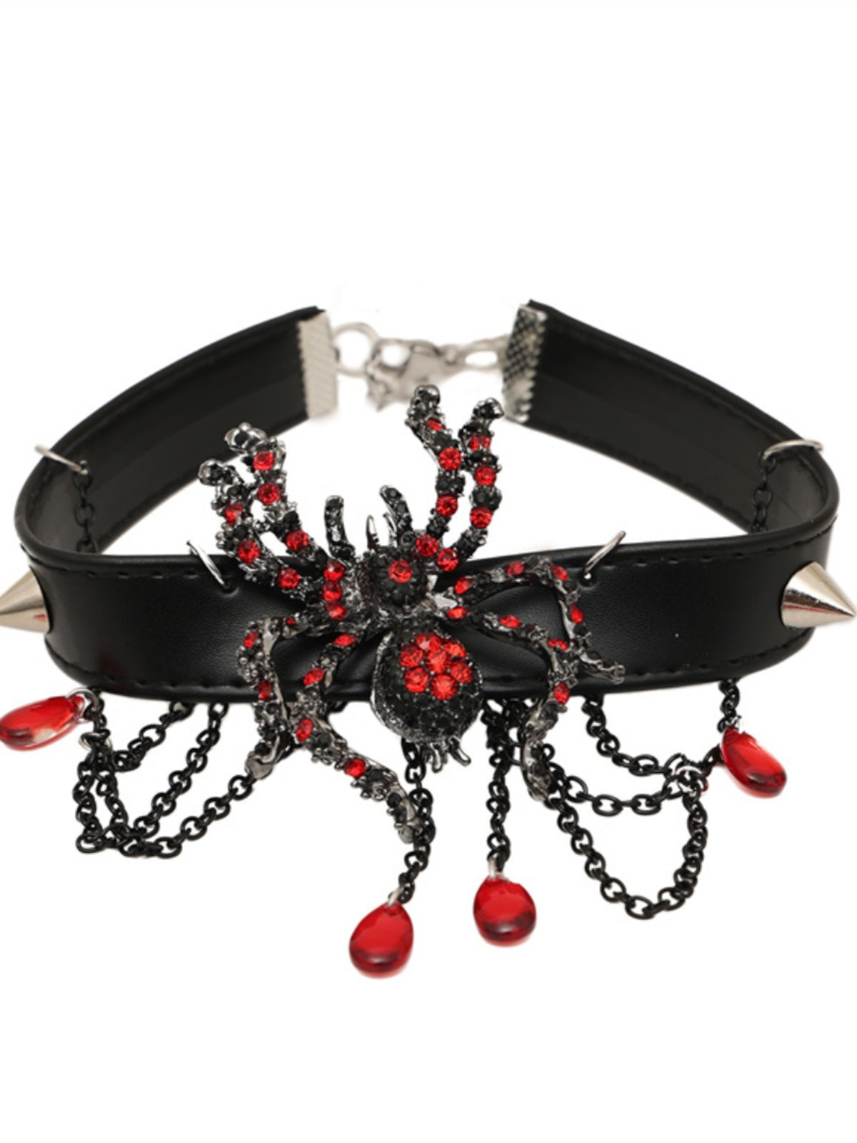 Gothic Red Rhinestone Spider PU Leather Choker, Vintage Spike Tassel Blood Drop Crystal Spider Choker Necklace Halloween Punk Jewelry For Women
