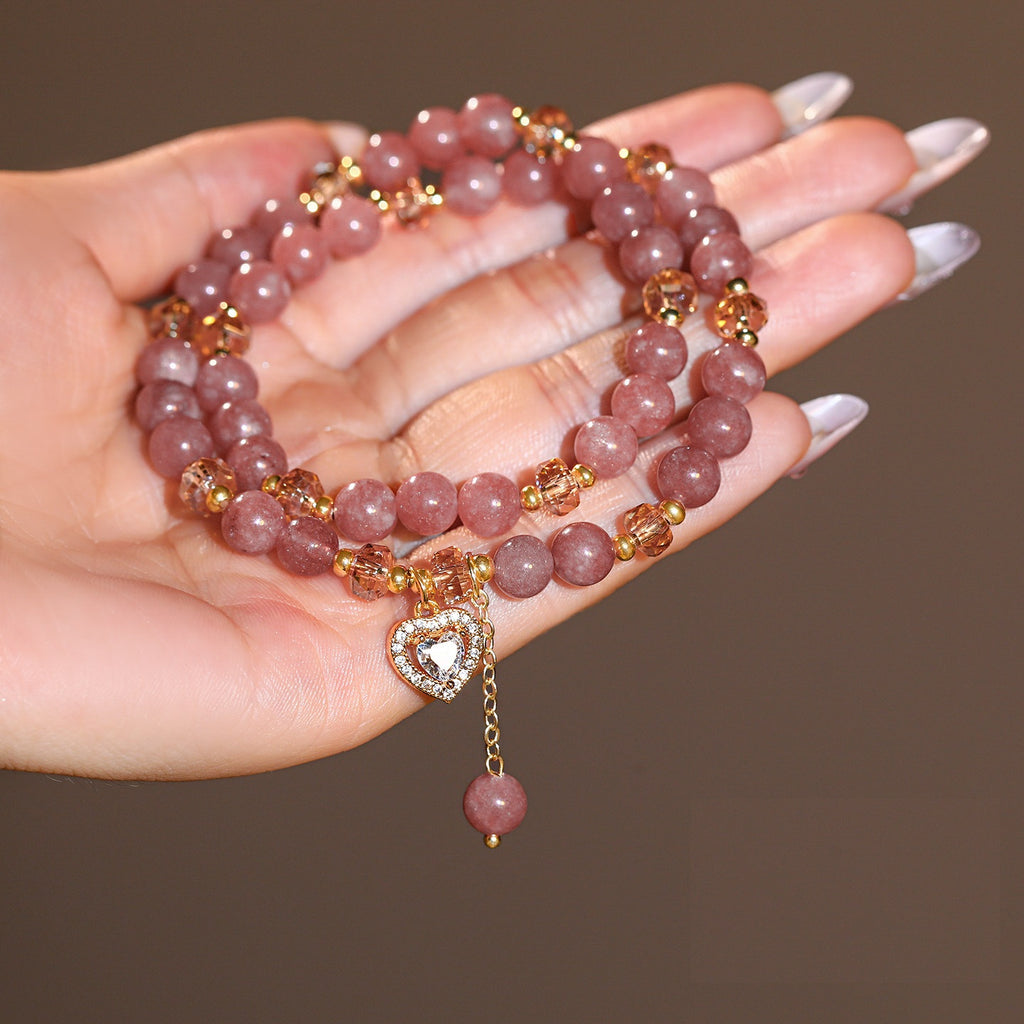 Double Strand Natural Strawberry Quartz Beaded Stretch Bracelet, Paved Crystal Heart Charm Dainty Stackable Wrist Jewelry for Women Valentine Daily Dating