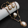 Hand Inlaid Baroque Pearl Tourmaline 3Pcs Jewelry Set Irregular Freshwater Pearl Long Sweater Chain Drop Earrings Statement Ring Gold Plated Vintage Women Gift