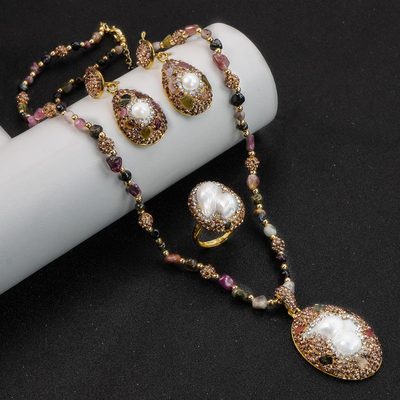 Hand Inlaid Baroque Pearl Tourmaline 3Pcs Jewelry Set Irregular Freshwater Pearl Long Sweater Chain Drop Earrings Statement Ring Gold Plated Vintage Women Gift
