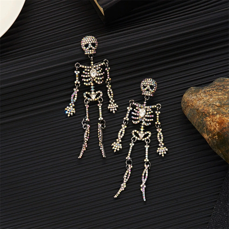 Rhinestone Skeleton Dangle Earrings, Vintage Articulated Skull Drop Earrings Gothic Halloween Party Statement Earrings For Women