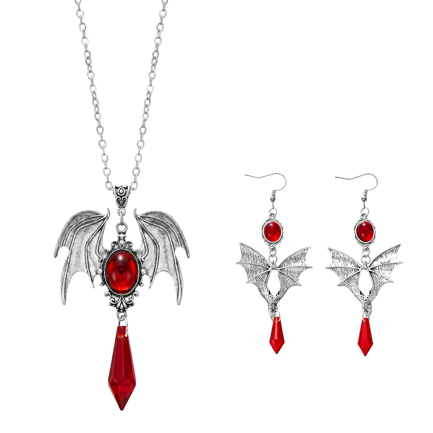 Vintage Gothic Bat Wing Jewelry Set, Halloween Crystal Pendant Necklace & Dangle Earrings Set Dark Punk Demon Wing Matching Jewelry For Women