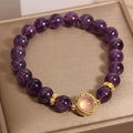 Natural Amethyst Round Cat's Eye Beaded Bracelet, Gold Plated Vintage Crystal Bracelet for Women, Calming Energy Healing Crystal Jewelry Gift for Birthday Anniversary