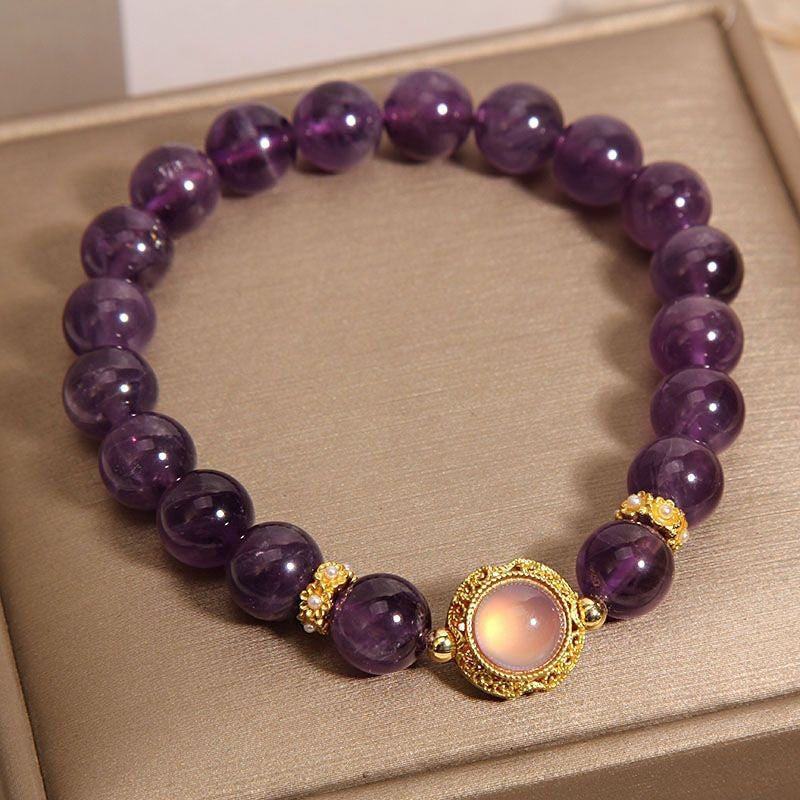 Natural Amethyst Round Cat's Eye Beaded Bracelet, Gold Plated Vintage Crystal Bracelet for Women, Calming Energy Healing Crystal Jewelry Gift for Birthday Anniversary