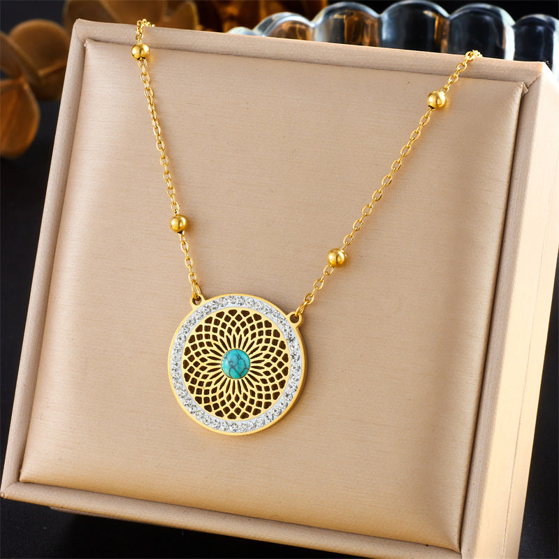 Stainless Steel Turquoise Crystal 2Pcs Jewellery Set, Hollow Floral Round Pendant Necklace & Stud Earrings, Tarnish Resistant 18K Gold Plated Boho Gemstone Set For Women