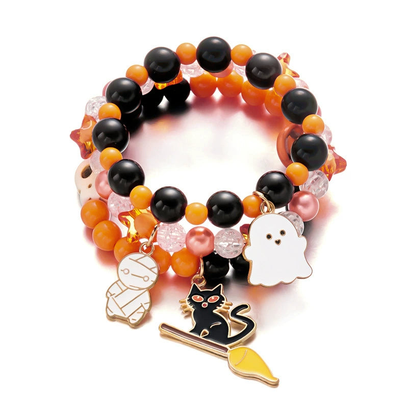 Halloween Cute Ghost Pumpkin Charm Beaded Bracelet Set, 3Pcs Stackable Enamel Charm Stretch Bracelets Witch Bat Mummy Jewelry For Women Kids Party