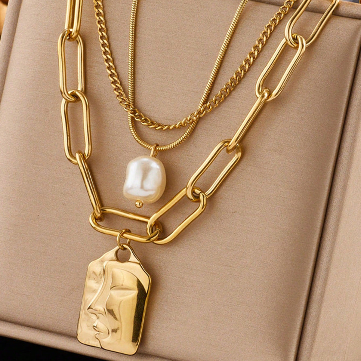 18K Gold Plated Stainless Steel Multi Layer Abstract Face Tag Necklace, Tarnish Resistant Baroque Pearl Stackable Pendant Necklace For Women