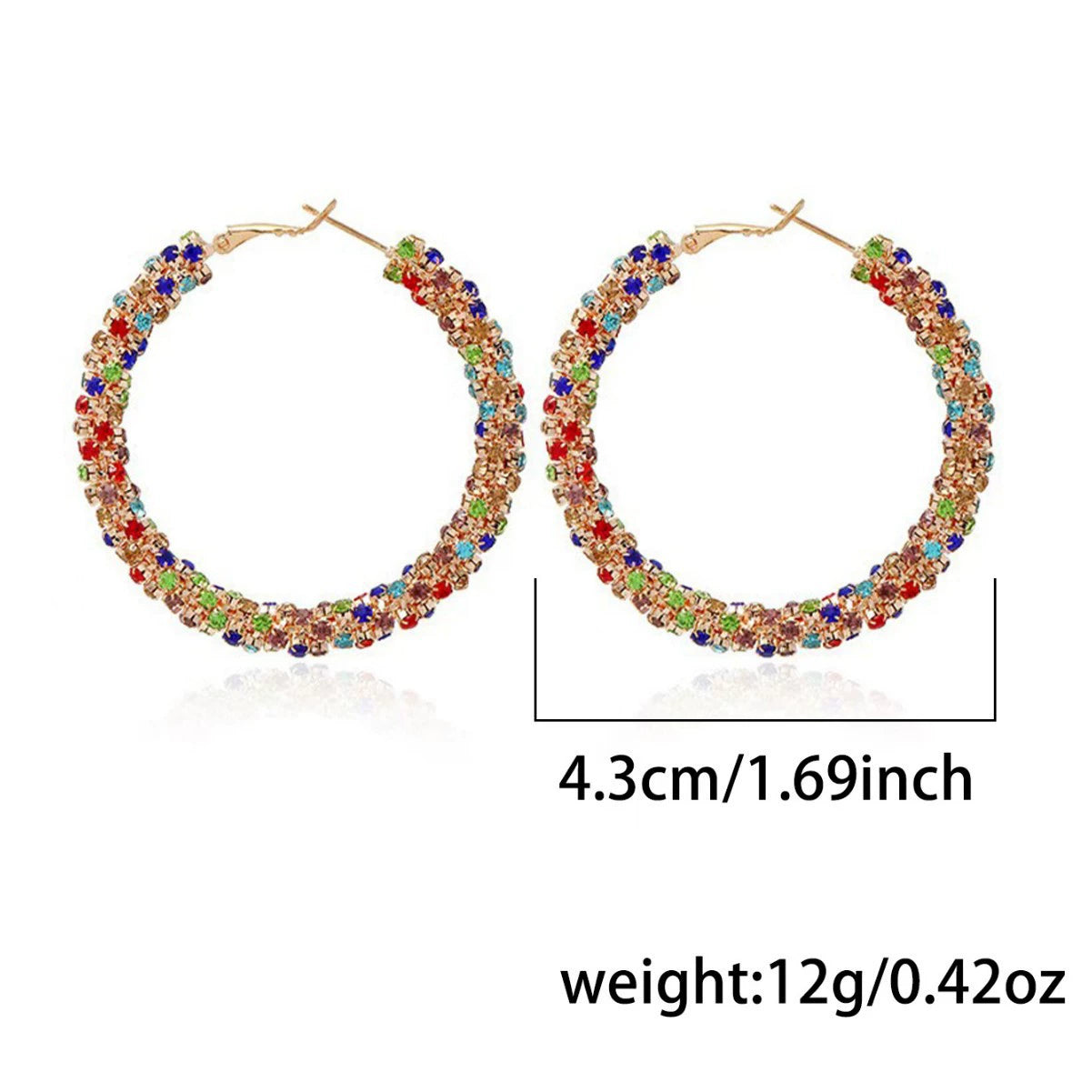 Colorful Rhinestone Hoop Earrings, Hypoallergenic Large Circle Crystal Ear Jewelry