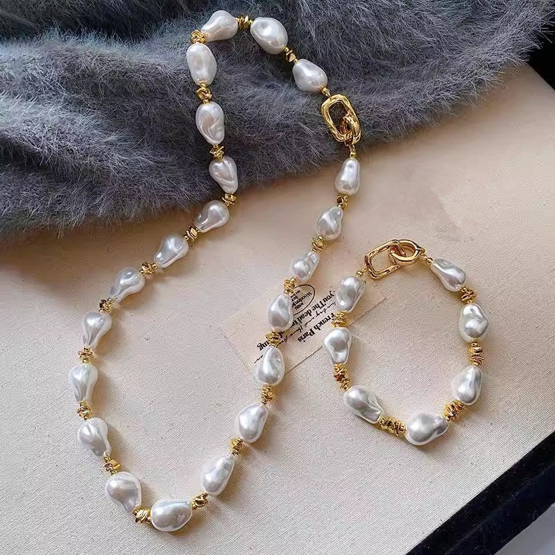 Vintage French Irregular Baroque Faux Pearl Jewelry Set, Chunky Baroque Pearl Choker Necklace & Stackable Bracelet, Gold Plated Toggle Clasp Elegant Bridal Daily Layering Jewelry Gift For Women