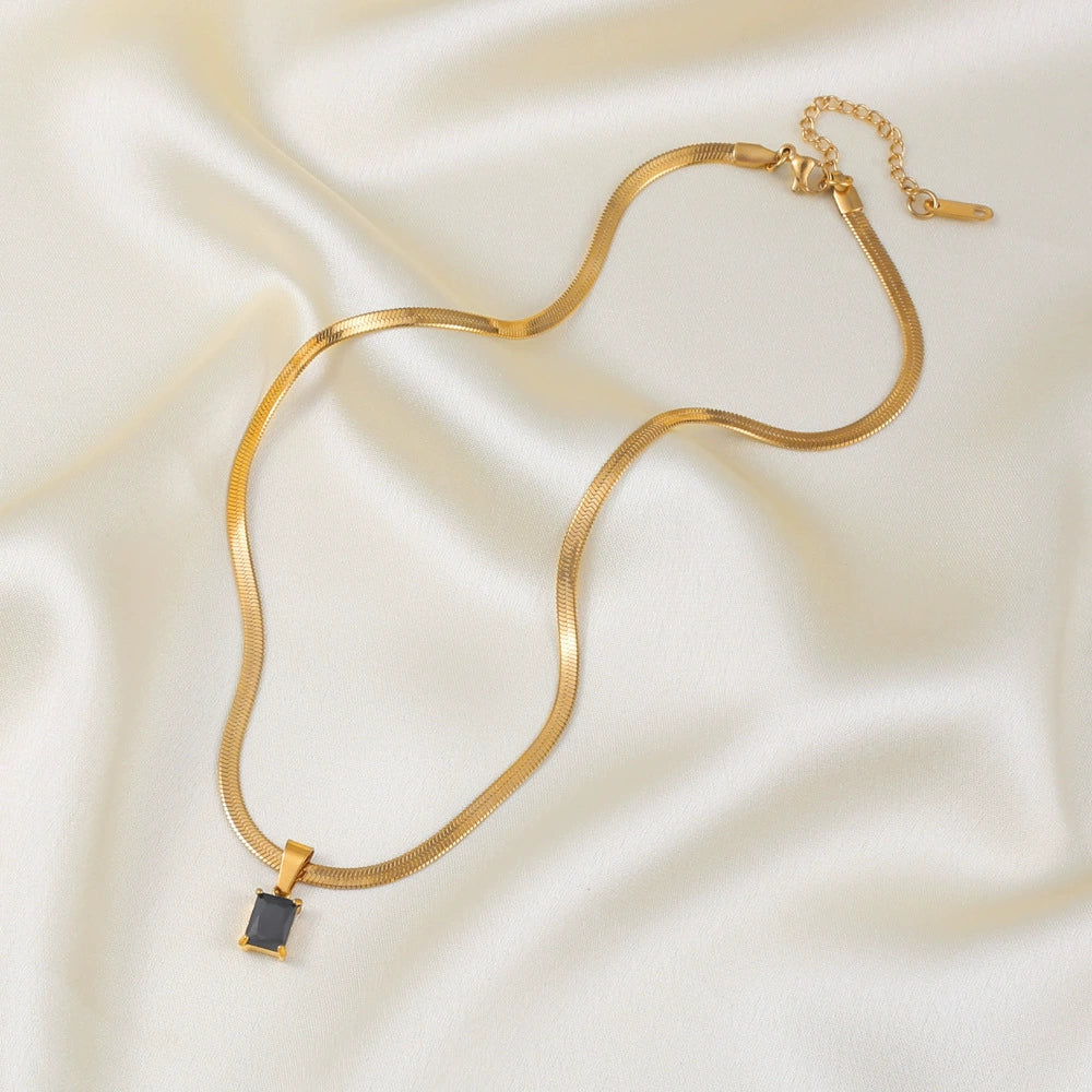 Square Color Zircon Pendant Herringbone Necklace, Gold Plated Stainless Steel Hypoallergenic Choker