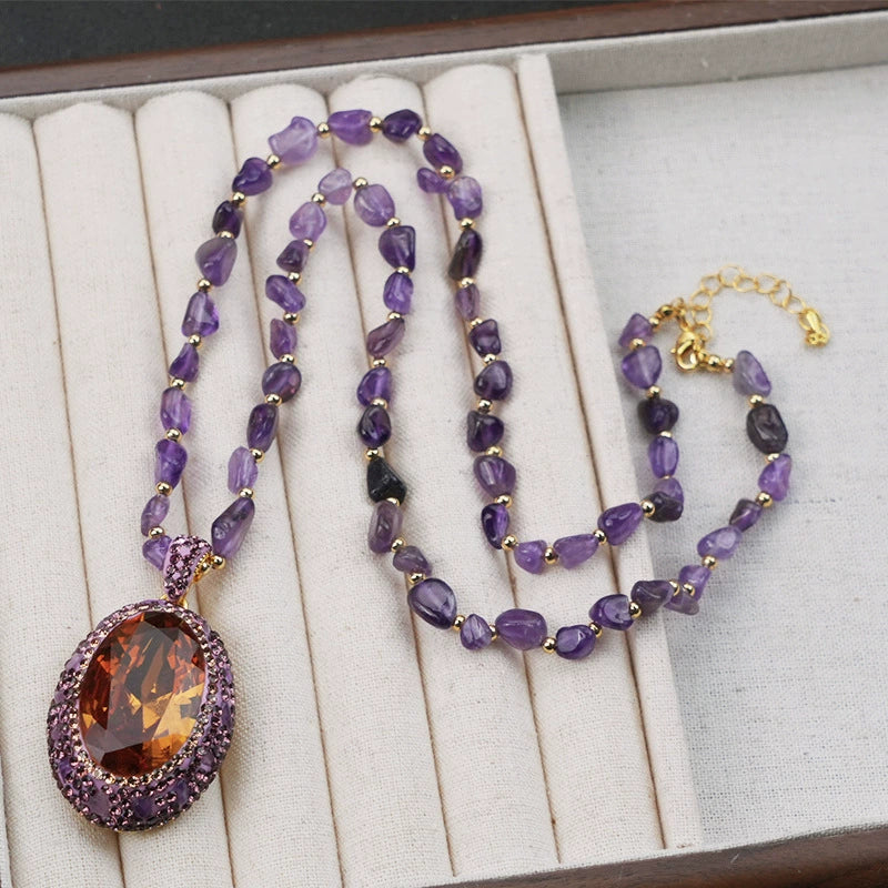 Color Changing Purple Sultan Stone Pendant Sweater Necklace Natural Amethyst Chip Beaded Chain Gold Plated Rhinestone Halo Women Luxury Jewelry
