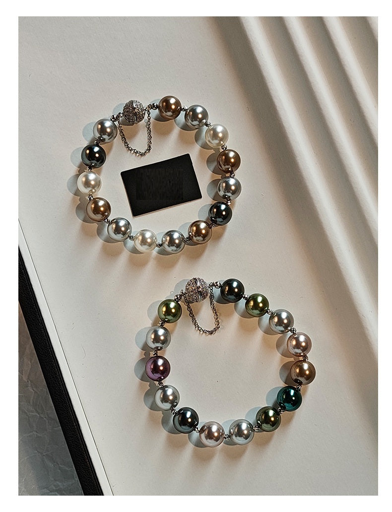 Multi-Color Tahitian Aurora Imitation Pearl Beaded Bracelet, Anti-Lost Magnetic Clasp Mixed Tone Glossy Pearl Stack Wrist Bracelet for Women Wedding Party Elegant Daily Jewelry