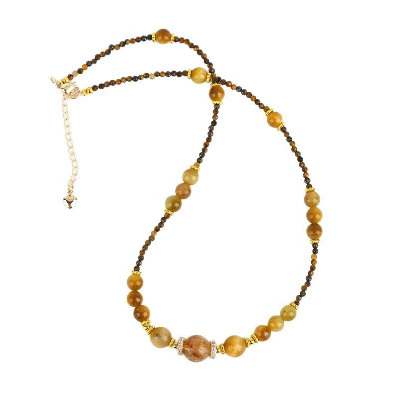 Natural Golden Tiger Eye & Yellow Rutilated Quartz Choker Necklace for Women, Dainty Beaded Tiger Eye Stone Collarbone Necklace with Extension Chain, Crystal Healing Jewelry Gift