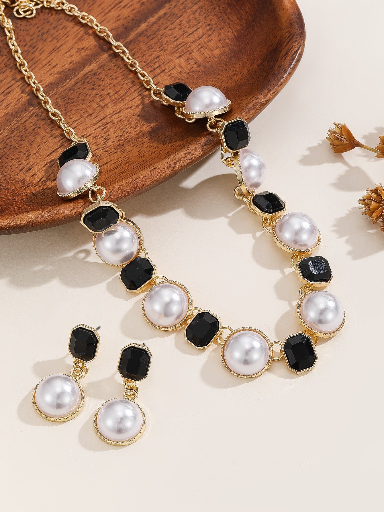 Vintage Two-Tone Pearl & Octagonal Crystal Necklace Earring Jewelry Set