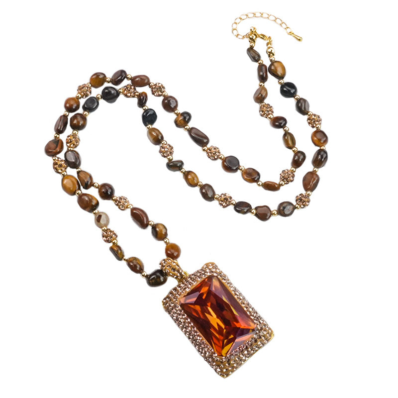 Vintage Orange Sultan Stone 3Pcs Jewelry Set Natural Tiger Eye Beaded Necklace Drop Earrings Cocktail Ring Gold Plated Retro Women