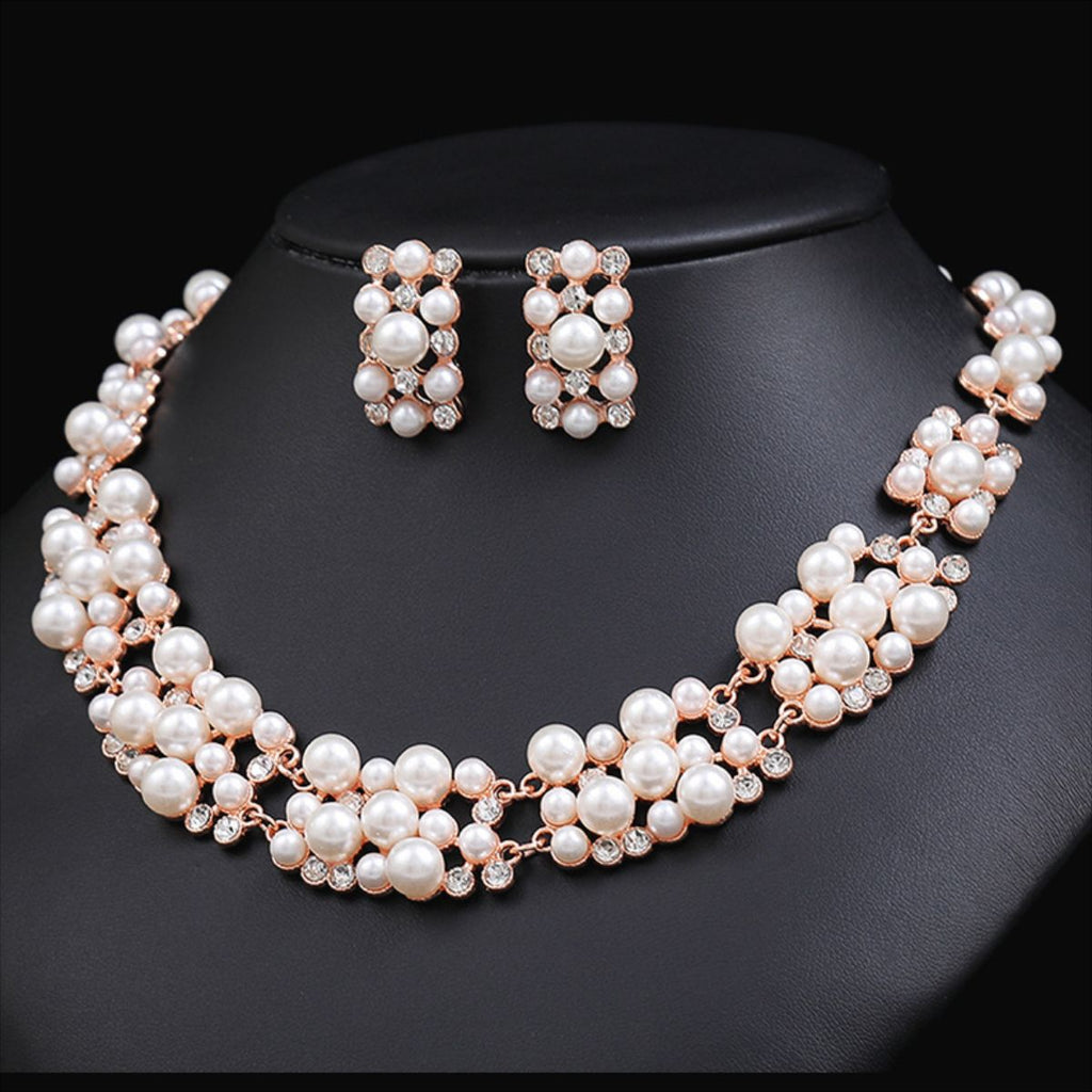 Multi-Size Faux Pearl Rhinestone Choker Jewelry Set, Necklace & Stud Earrings